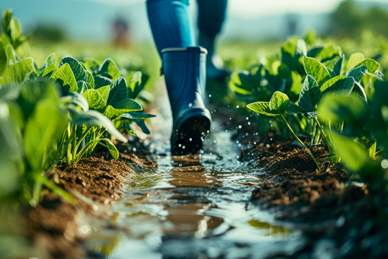 Pies de una persona caminando entre cultivos
